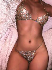 Gold-Plated Rhinestone Heart Shaped Body Chain Set - Gold - View 2