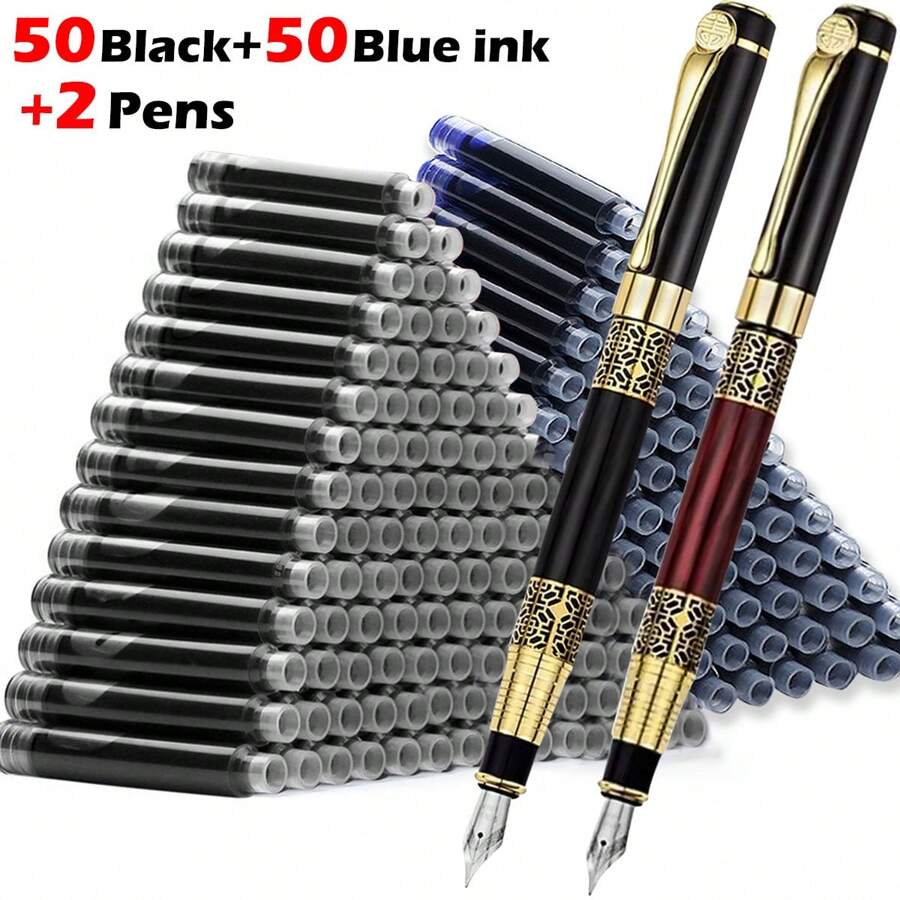 2pcs Pen + 100 Ink Cartridges Set, Vintage High-End Business Fountain Pen With Fine Nib Back To School - Multicolor - View 1