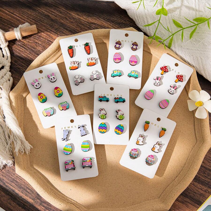 3 對/卡木製復活節兔子、胡蘿蔔和復活節彩蛋趣味耳環套裝,春夏動物蘑菇耳環 - 彩色 - 查看 1