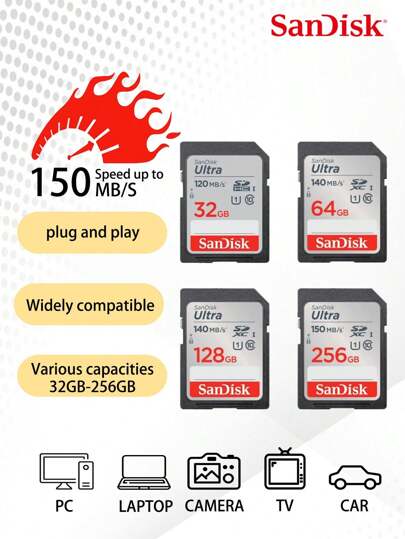 SANDISK بطاقة ذاكرة Sandisk Ultra SD C1032GB 64GB 128GB 256GB لكاميرا السيارة DV SLR