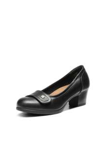 Women's Round Toe Adjustable Slip On Chunky Low Block Heels Pumps Closed Toe Elegant Solid Color Work Comfortable Dress Shoes - 黑色 - 查看 3