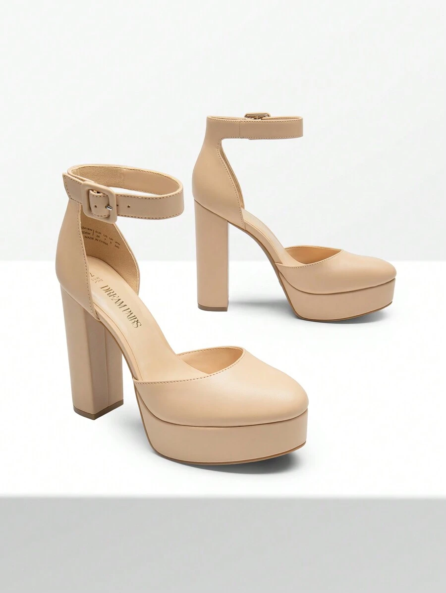 Women's High Chunky Heels Pumps Elegant Solid Color Platform Ankle Strap Dress Round Closed Toe Wedding Party Fashionable Comfortable Shoes - Màu be - Xem 1