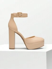 Women's High Chunky Heels Pumps Elegant Solid Color Platform Ankle Strap Dress Round Closed Toe Wedding Party  Fashionable Comfortable Shoes - 杏色 - 查看 5