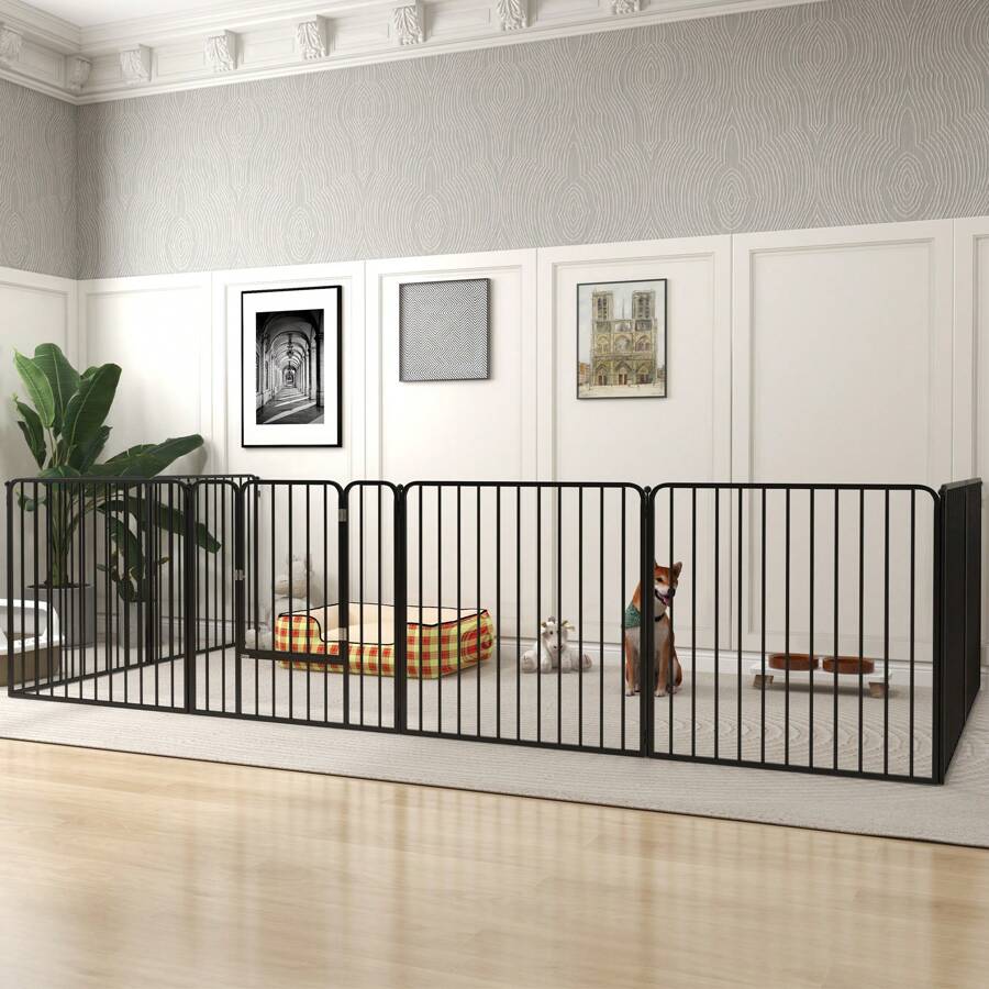 PawHut Heavy Duty Dog Playpen, 8 Panels Dog Pen, Pet Playpen Exercise Pen, With Door - Black - View 1