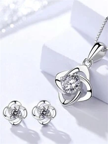 Ensemble de bijoux fleur en zircone cubique en argent sterling 925, boucles d'oreilles et collier, élégant et pour la Saint-Valentin, les rendez-vous, les cadeaux, polyvalent pour les filles