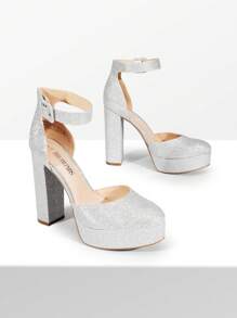 Women's High Chunky Heels Pumps Elegant Solid Color Platform Ankle Strap Dress Round Closed Toe Wedding Party  Fashionable Comfortable Shoes - 銀色 - 查看 1