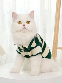1 Piece Of Simple Striped Breathable Skin-Friendly Polo Shirt, Suitable For Cats And Dogs T-Shirt Clothes In All Seasons(The Size Is Too Small!!It Is Recommended To Take A Larger Size) - Green - View 2
