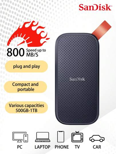 SANDISK SanDisk E30 Portable 1TB 480GB USB3.2 Black Type C Hard Drive External SSD Hard Drive Laptop High Speed 520M/S