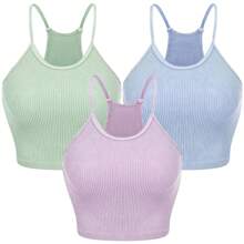 Moclever 3 Pack Comfortable Women Crop Basic Tank Top Ribbed Knit Sleeveless Round Neck Women Tops 9 Color Machine Wash Summer Crop Top For Girls S To XL For Wedding Shopping Dates Club Party Sleeping - Tím + Xanh + Xanh - Xem 3