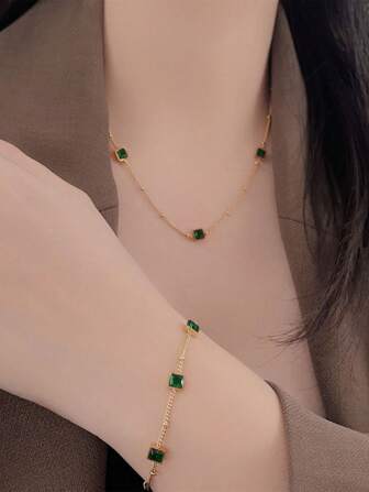 Stainless Steel Waterproof Gold & Green Cubic Zirconia Necklace, Bracelet, Earrings Set, Perfect For Women's Daily Wear