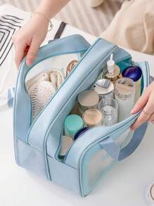 防水洗漱包，双层旅行便携式化妆品收纳包，干湿分离，适用于游泳、健身房等旅行收纳包、化妆包、化妆包、度假收纳包、大容量化妆品收纳化妆盒，可容纳口红、刷子、护肤品、手机、硬币、小物品，适用于家庭、礼物、度假和节日万圣节圣诞节多功能用途，波西米亚风，适用于假日海滩、浴室收藏、卧室收藏，大容量 - 寶藍色 - 查看 7