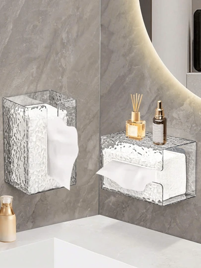 1pc/2pcs Transparent Tissue Storage Box, Wall-Mounted Transparent Tissue Box, Kitchen Bathroom Toilet Hanging Tissue Holder, Luxury Facial Tissue Storage Box