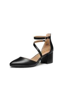 Women's Closed Pointed Toe Low Chunky Heels Pumps Ankle Strap Wedding Business Dressy Shoes - 黑PU - 查看 4
