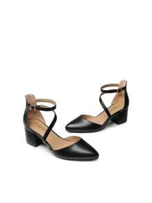 Women's Closed Pointed Toe Low Chunky Heels Pumps Ankle Strap Wedding Business Dressy Shoes - 黑PU - 查看 5
