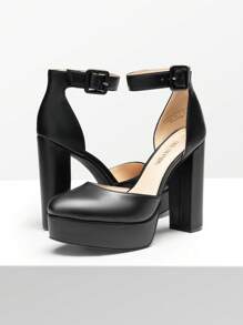 Women's High Chunky Heels Pumps Elegant Solid Color Platform Ankle Strap Dress Round Closed Toe Wedding Party  Fashionable Comfortable Shoes - 黑色 - 查看 7