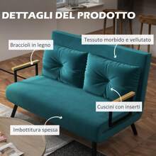 HOMCOM Divano Letto Matrimoniale 3 in 1 Vellutato, Divano Letto Moderno con Schienale Regolabile in 5 Livelli e Cuscini Imbottiti - Blu - Visualizzare 6