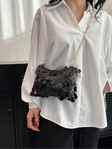 Fashionable Colorful Glitter Square Shaped Women's Crossbody Bag, New Arrival, Versatile Zipper Type, Unique Chain Design For Party - Black - View 4