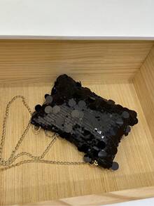 Fashionable Colorful Glitter Square Shaped Women's Crossbody Bag, New Arrival, Versatile Zipper Type, Unique Chain Design For Party - Black - View 3