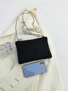Túi đeo chéo hình chữ nhật dài lấp lánh thời trang dành cho nữ, Túi đeo vai có dây xích khóa kéo độc đáo, Ví cầm tay buổi tối thiết kế độc đáo - màu đen - Xem 7