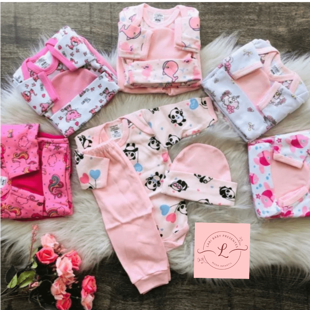 kit 12 peças de roupa pra bebe menina 100% algodão - body+calça+touca+meia - enxoval para bebe feminino