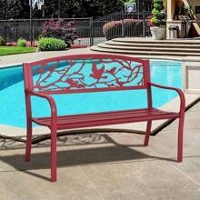 Banco de jardín moderno, robusto banco de parque de tubos de acero y hierro fundido, banco con respaldo y reposabrazos, banco de metal estampado para jardines, parques, césped, soporta hasta 280 kg, rojo
