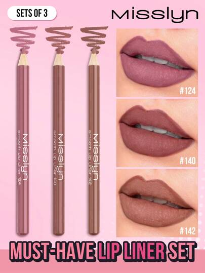 Misslyn 3支装顺滑唇线笔套装，持久显色，内置卷笔刀，打造浓郁唇妆，轻松上手，Y2K妆容，适合派对、海滩、旅行、度假、露营、户外活动，时尚女孩的最佳旅行度假彩妆套装