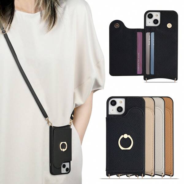 Apple Cellphone Leather Case, Protective Phone Case, Shoulder Strap Planner Style, Cute Card Storage Phone Case, Smart Phone Protective Case With Ring Stand, Fashionable Wallet Protective Case For Women, Anti-Drop Shoulder Strap Detachable Hanging Phone Case, Popular Card Holder Cover, Shockproof Full Protection