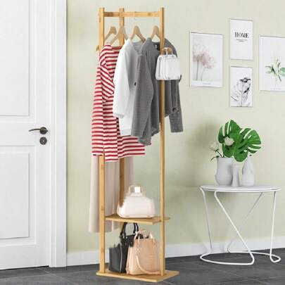 Perchero de Pie Madera de Bambú: Perchero de Esquina de Árbol de Pasillo con 2 Estantes 3 Ganchos Colgador Ropa Recibidor Independiente para Sombreros Bolsas para Entrada Dormitorio