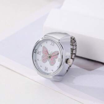 1入組銀色蝴蝶紋手錶戒指,時尚獨特設計