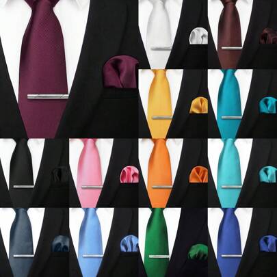 3 Pezzi/set Cravatta A Righe In Seta Di Alta Qualità A Tinta Unita Da 8 Cm, Fazzoletto Da Taschino E Clip Per Cravatta, Perfetto Come Regalo Per Uomo, Cerimonia Di Laurea, Testimoni Di Nozze, Banchetto Di Festa E Occasioni Formali Di Lavoro.