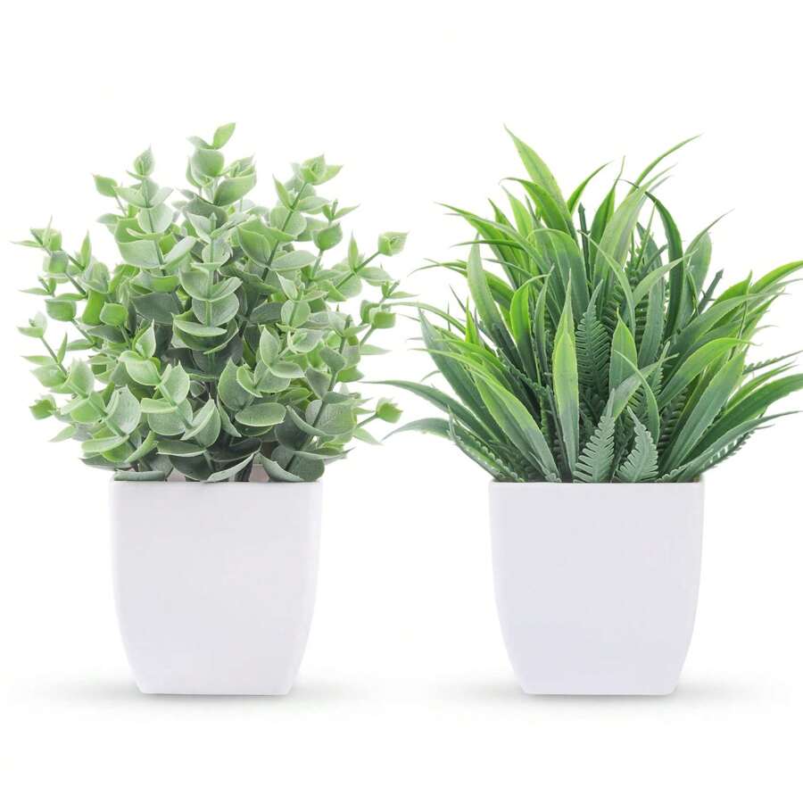 2入組人工綠色盆栽小植物,逼真的假植物,適用於家庭室內裝飾,辦公桌,客廳,農舍 - 2件綠色 - 查看 1