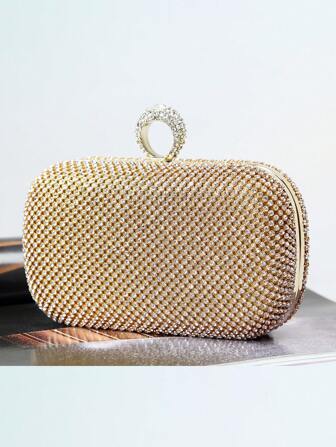 Bling Rhinestone Formal Clutch Bag, Creative Ring Design Hand Carry Evening Bag, Handmade Crystal Party Handbag