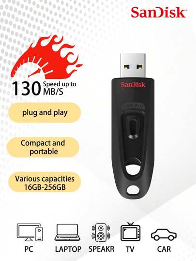  SanDisk Ultra USB 3.0 플래시 드라이브 CZ48 USB 플래시 드라이브 16GB 32GB 64GB 128GB 256GB  최대 100MB/S 펜드라이브 블랙 U 디스크