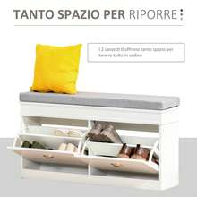 Panca Scarpiera Salvaspazio in Legno con Cuscino, 2 Cassetti con Mensola Regolabile per 8 Scarpe, 104x24x55cm, Bianco - Multicolore - Visualizzare 7