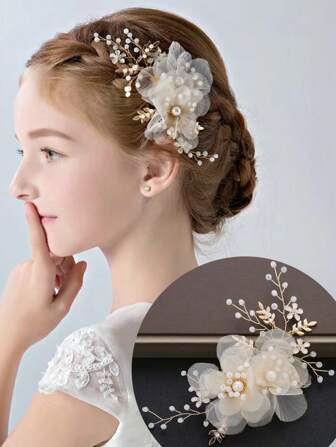 1pc Wedding Season Flower Girl Pearl & Rhinestone Decor Hair Clip For Bridal Hair Bun, Suitable For Wedding, Party Or Performance, Matching With Evening Dresses