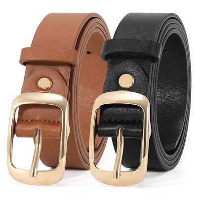 2pcs Women's Minimalist Silver Buckle Leather Belt Set, Casual Fashion College Style Suitable For Skirts, Waist Cinching Belts