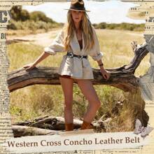 Boho 1pc Ladies' Fashionable Western Cross Buckle Leather Belt With Silver Studs Halloween Summer, School