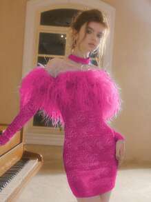 Vestido de plumas de color rosa sin espalda vestidos de fiesta de cadera - Rosa Fucsia - Ver 4