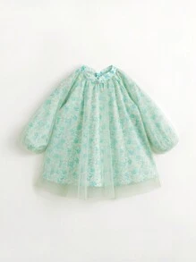 MARC&JANIE Young Girl New Chinese Style Floral All Over Print Button Mesh A-Line Dress Spring - Green - View 1