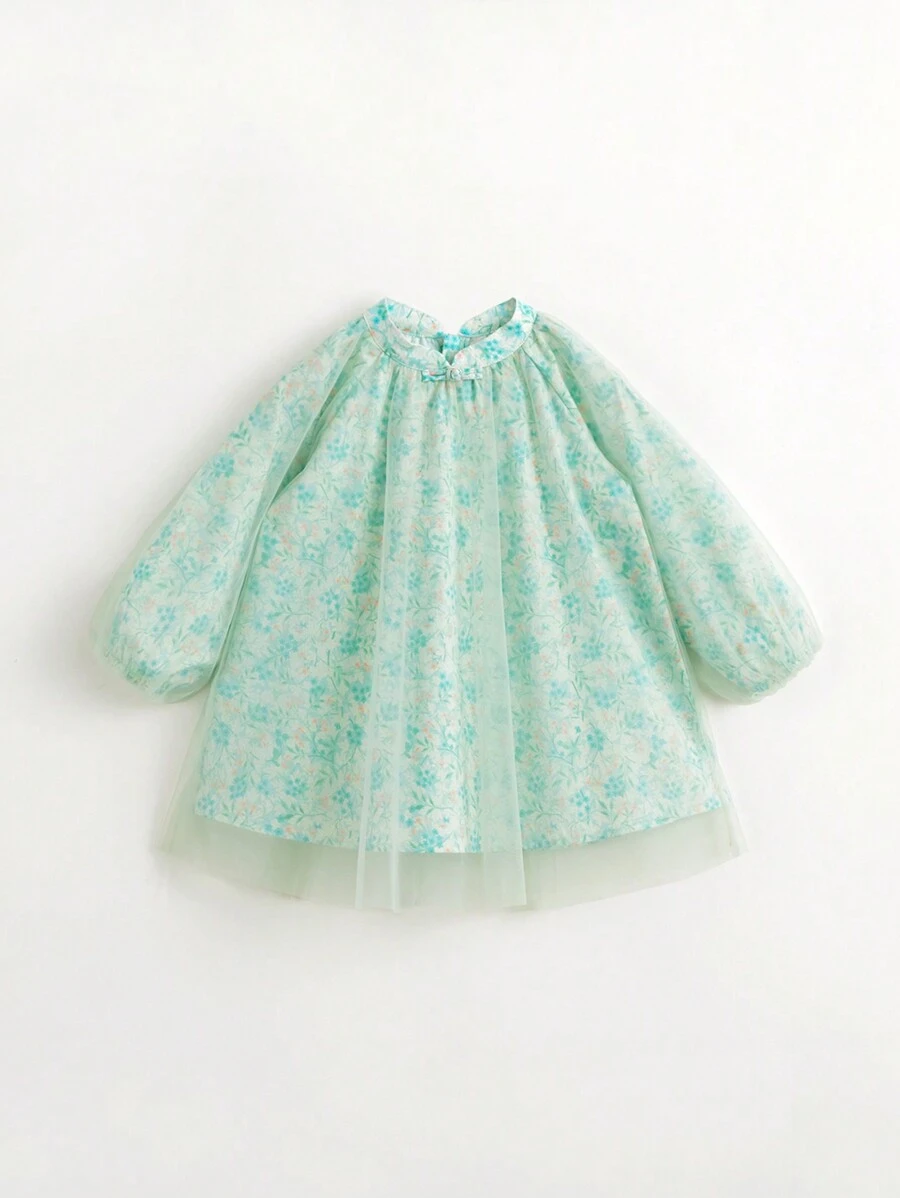 MARC&JANIE Young Girl New Chinese Style Floral All Over Print Button Mesh A-Line Dress Spring - Green - View 1