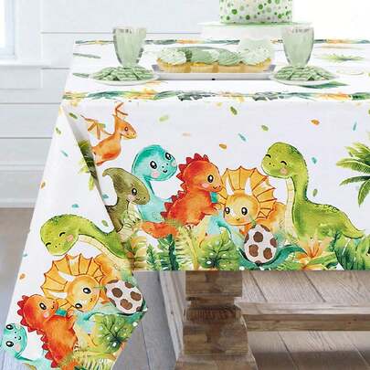 3件套 130*220厘米 丛林动物和恐龙图案一次性塑料桌布，适用于恐龙主题生日派对、家庭活动、派对房间装饰、餐桌装饰