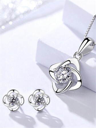 925 纯银花朵方晶锆石耳钉和项链首饰套装，优雅时尚，适合情人节、约会、礼物，适合女孩佩戴