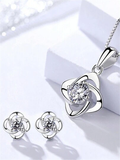 925 纯银花朵方晶锆石耳钉和项链首饰套装，优雅时尚，适合情人节、约会、礼物，适合女孩佩戴