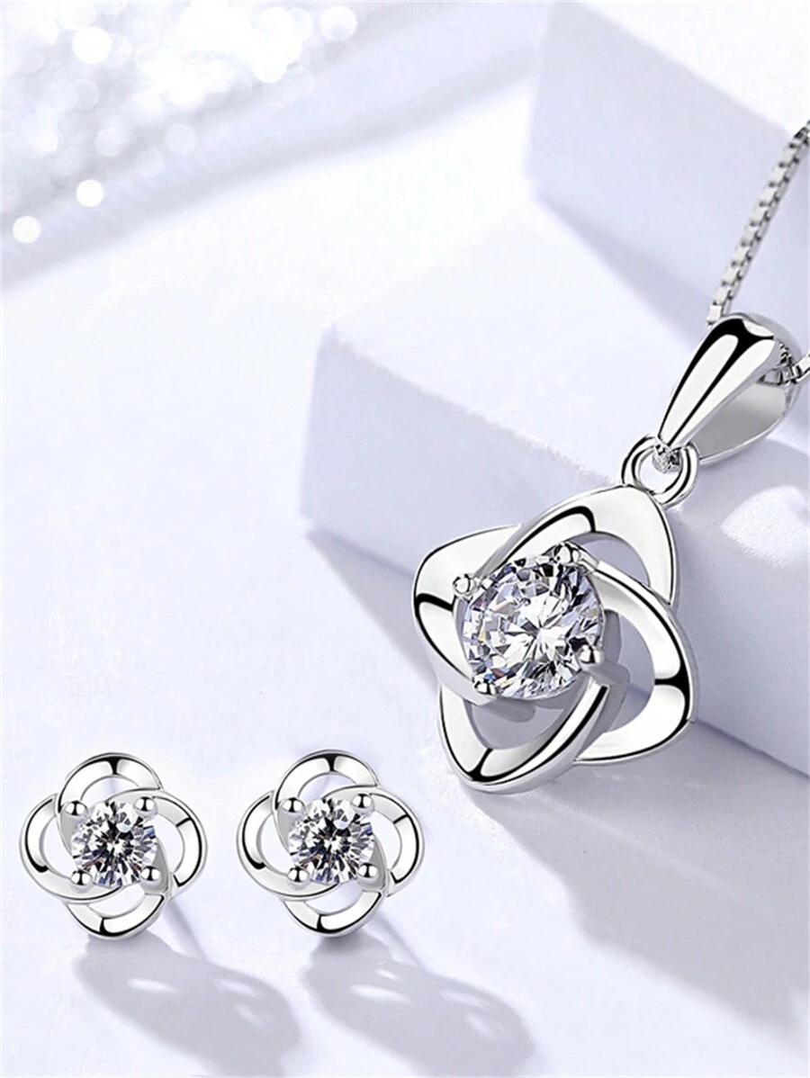 Ensemble de bijoux fleur en zircone cubique en argent sterling 925, boucles d'oreilles et collier, élégant et pour la Saint-Valentin, les rendez-vous, les cadeaux, polyvalent pour les filles