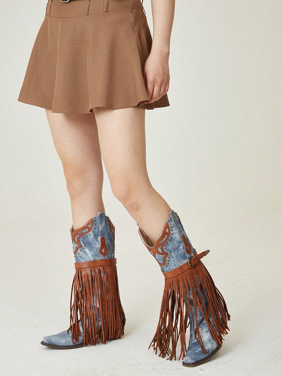 Western Boots Mid Calf Boots Buckle Strap Cowgirl Boots Chunky Heel