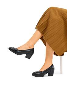 Women's Round Toe Adjustable Slip On Chunky Low Block Heels Pumps Closed Toe Elegant Solid Color Work Comfortable Dress Shoes - 黑色 - 查看 4