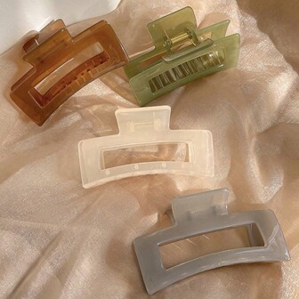 4入組女士素色極簡方形中空設計髮夾，休閒款式