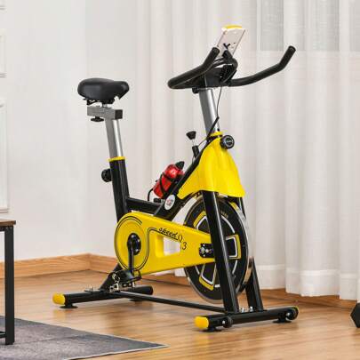 HOMCOM Stationary Exercise Bike W/ 6kg Flywheel, LCD Monitor, Adjustable Resistance, Pad & Bottle Holder, For Indoors, Gyms, Offices, Cardio Workout - Yellow