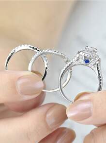 AIHUASI 3pcs/Set 925 Sterling Silver Wedding Rings Bridal Set For Women Engagement Set Blue Sapphire 6*6mm White Round Cut Cubic Zirconia Fine Jewelry Gift