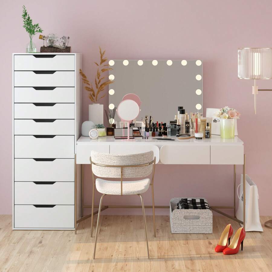 Furchen Commode de Chambre à Tiroirs, Commode Blanche, avec 9 Tiroirs, pour Salon, Chambre, Couloir, Cuisine 124,5x45x40cm Expédié en 2 Colis